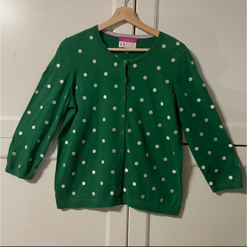 Talbots The Oprah Magazine Collection Green Polka Dot Cardigan Sweater Large